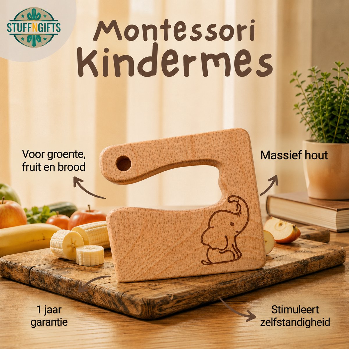 Montessori Houten Kindermes - Olifant - Kinder Koksmes - Peuter kok - Verjaarsdag cadeau klein - Houten Kinderbestek - Leren Snijden en Koken voor Kinderen - Montessori Speelgoed - Sint cadeau - Schoen cadeau