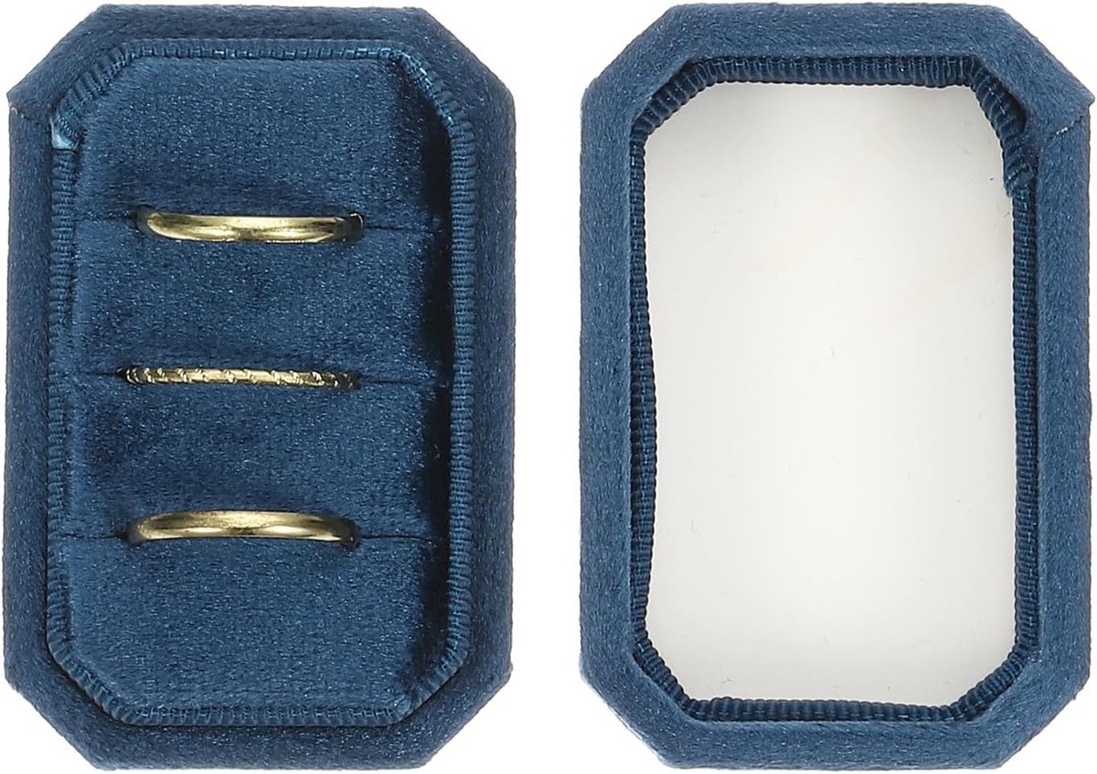 Velvet Ring Box met 3 Compartimenten - Octagonale Ringenhouder voor Sieradenopslag, Verloving en Trouwerij, Vintage Design in Blauw
