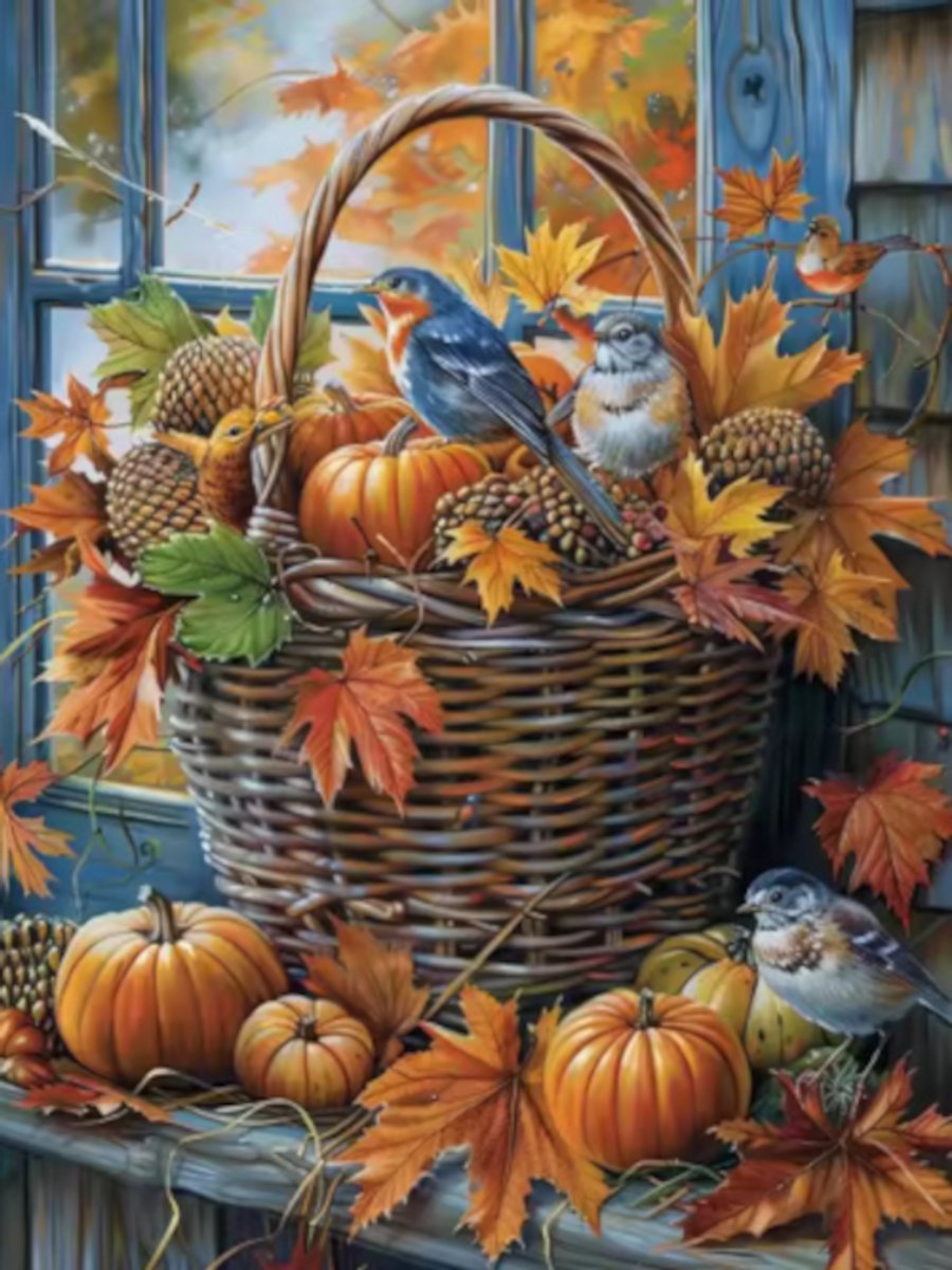Diamond painting mand vogels herfst 30x40cm ronde steentjes