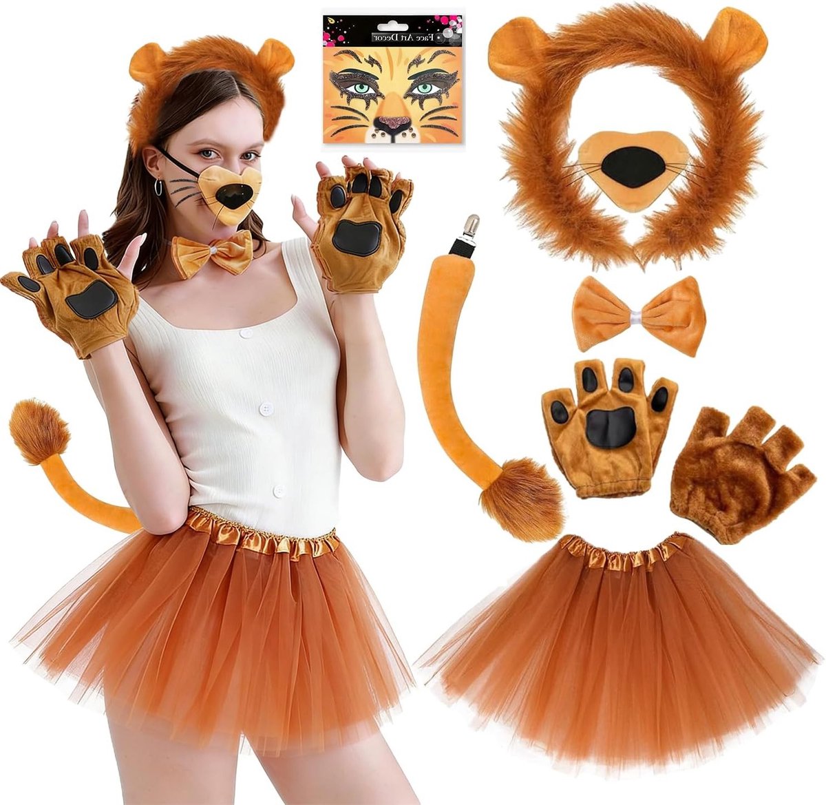 Carnaval Kostuum voor Dames met Bruine Tulle Rok, Luipaardoren, Staart en Butterfly Face Tattoo voor Feestjes en Themapartijen