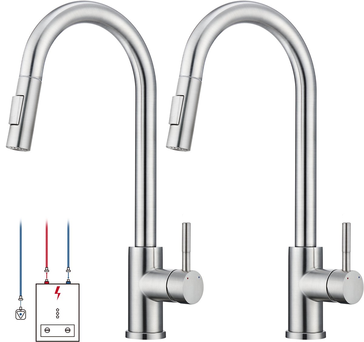 Oraymin 2x Keukenkraan Uittrekbaar - Lage Druk - Geschikt voor Boiler - 360° Draaibaar - RVS Geborsteld