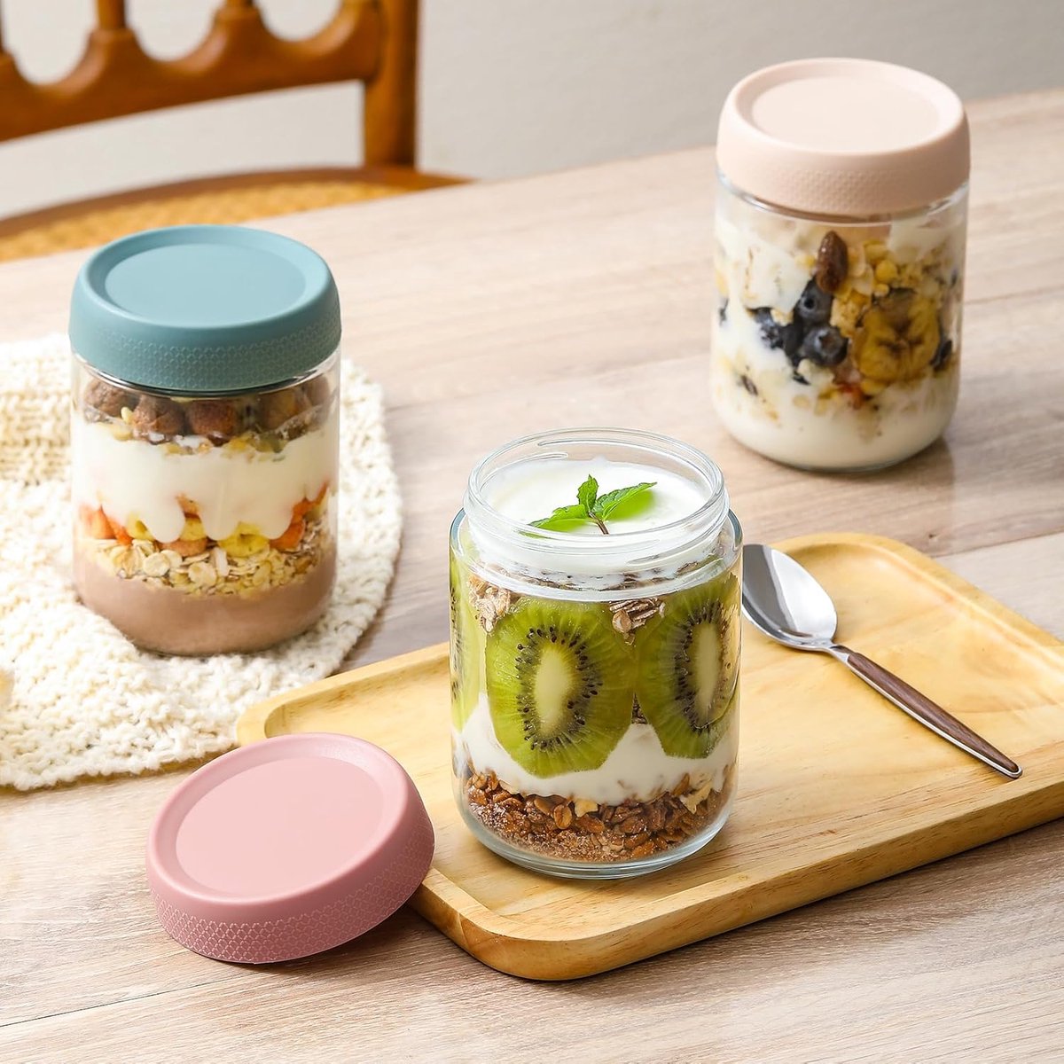 Set van 6 overnight oats-bakjes van 480 ml met deksels, glazen potten met luchtdichte deksels, Mason saladepotten met brede opening, glazen bewaarcontainers voor snacks, yoghurt, specerijen en suiker. — cadeau in Kookcadeaus - foto 5