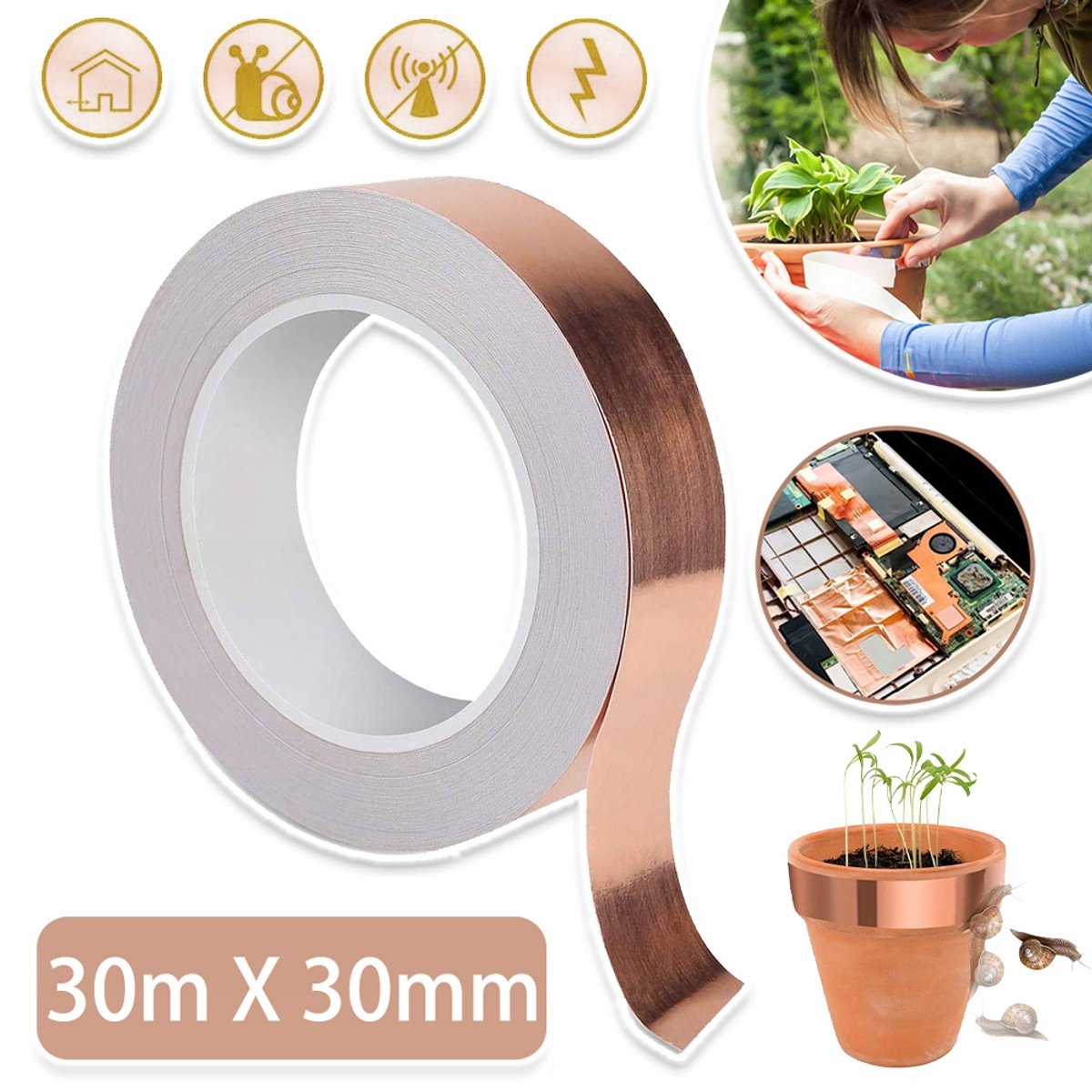 Zelfklevende Koperen Tape 30m × 30mm - Emi-Afschermingstape - Koperfolietape - Koperfolie Tegen Slakken
