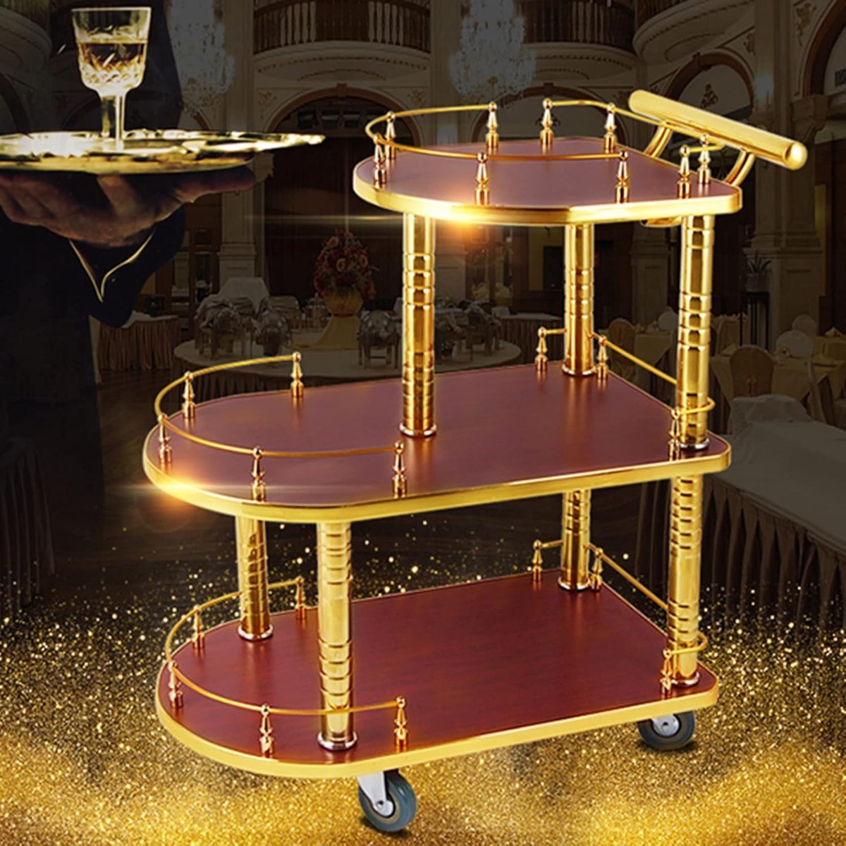 Serveertrolley op Wielen 3-Laags Vintage Bar Trolley / Keuken Eiland Multifunctioneel Rolwagen met Zwenkwielen en Handgreep Rood Leer & Roestvrij Staal 13,66 kg – Mobili Bella