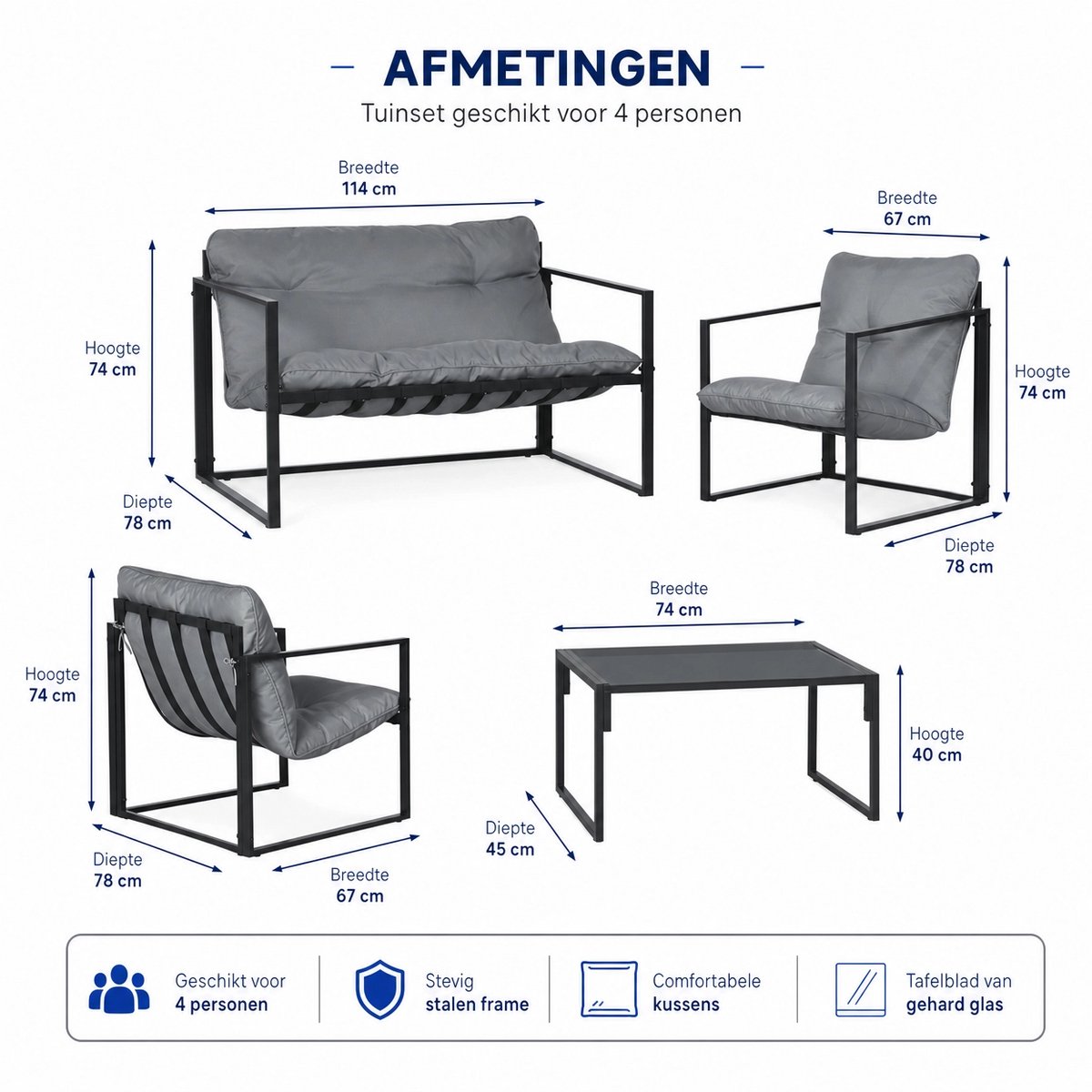 4-delige tuinset voor 4 personen met een 2-zitsbank, 2 fauteuils en 1 salontafel, grijs – foto 4