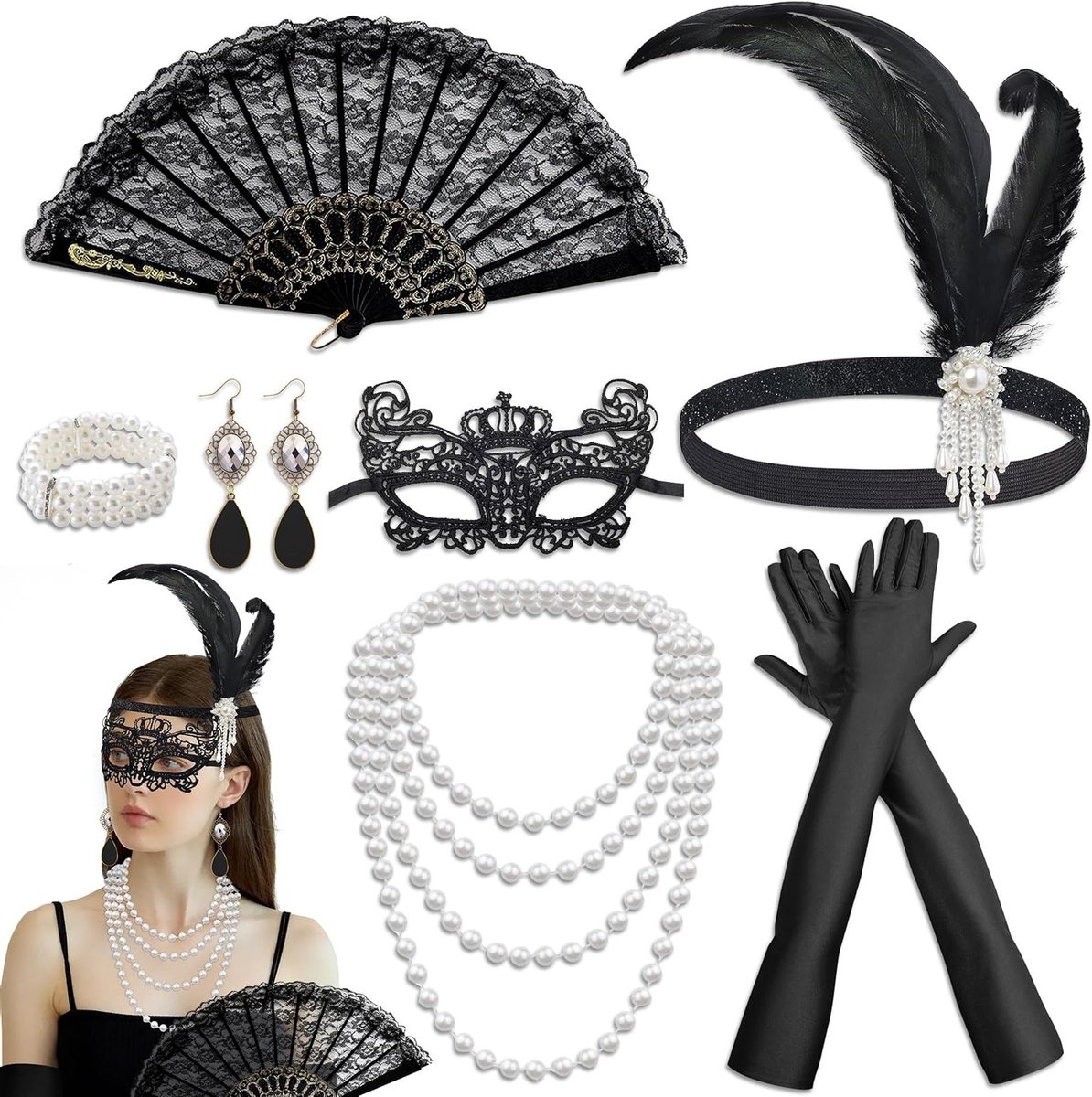 Stijlvolle 1920s accessoires set met flapper hoofdband, parelketting, oorbellen, armband, handschoenen, kanten masker en waaier voor carnaval en themafeesten