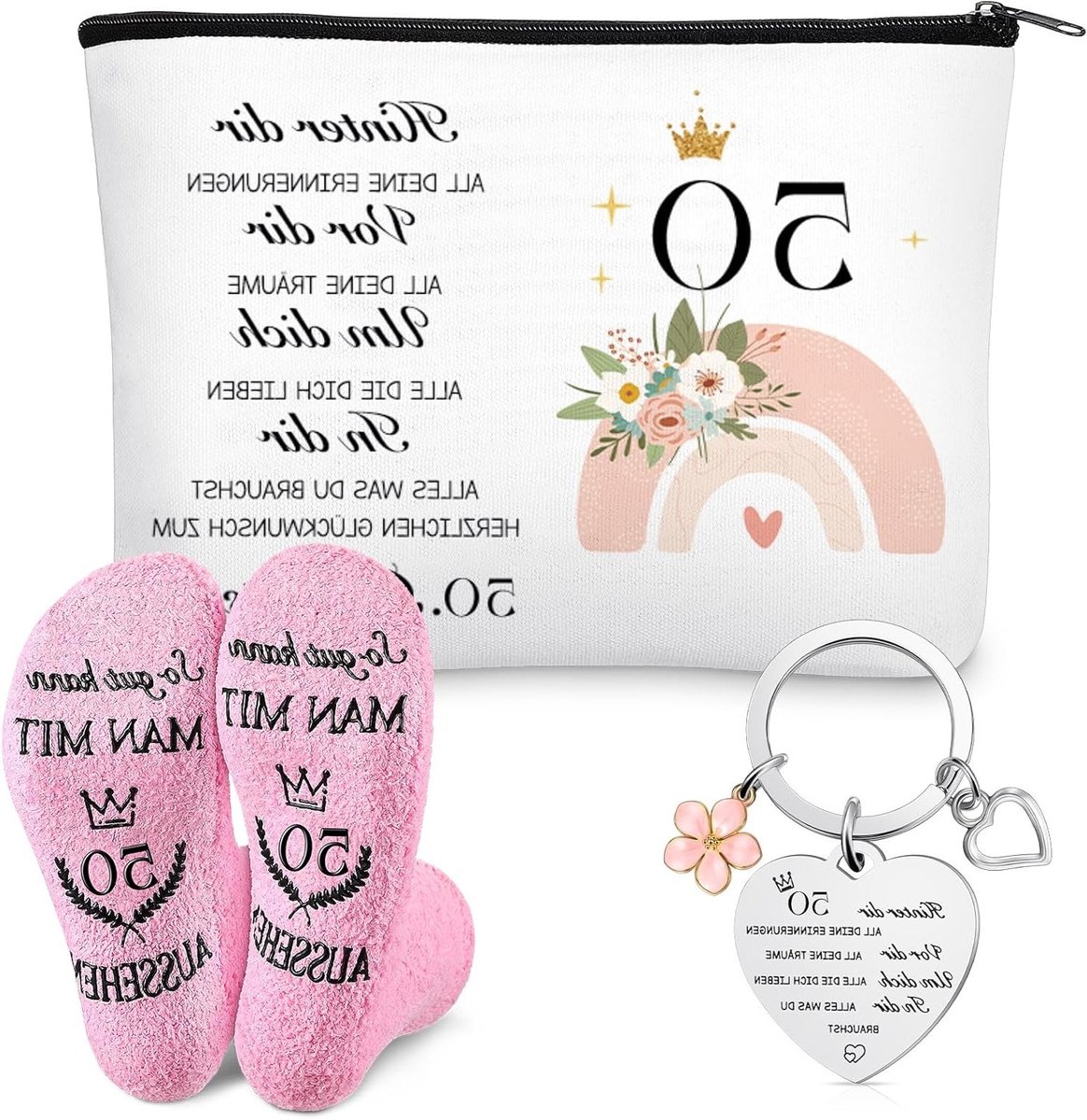 Verjaardagscadeau voor vrouwen: cosmetische tas, sokken en sleutelhanger - ideale geschenken voor moeder, vriendin, zus of grootmoeder (50 jaar)