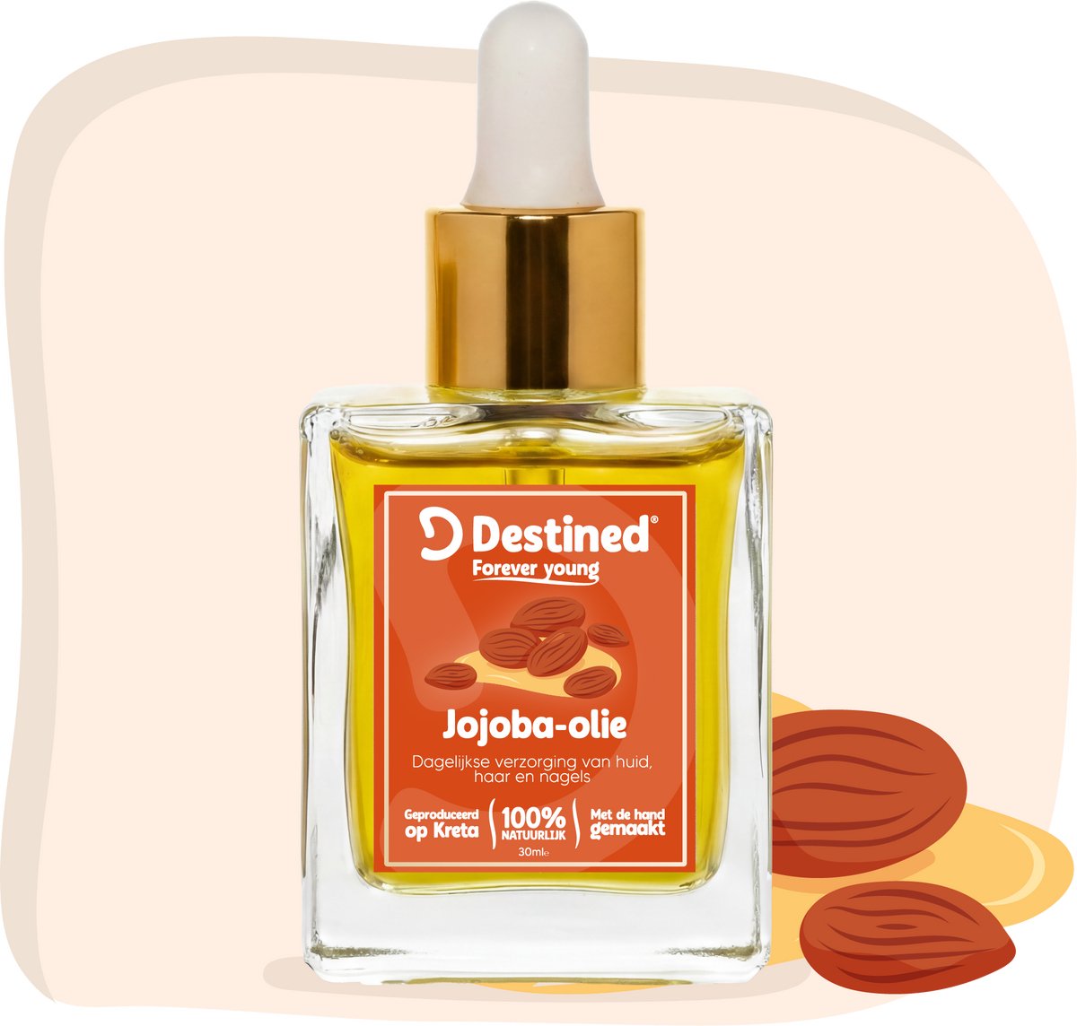 Destined® Jojoba olie - 30ml - Voor Alle Huidtypes - Balanceert Talgproductie - Verstopt Poriën Niet - Voor Huid, Haar & Nagels - Niet-Comedogeen - 100% Puur & Natuurlijk - Handgemaakt in Griekenland - Body oil