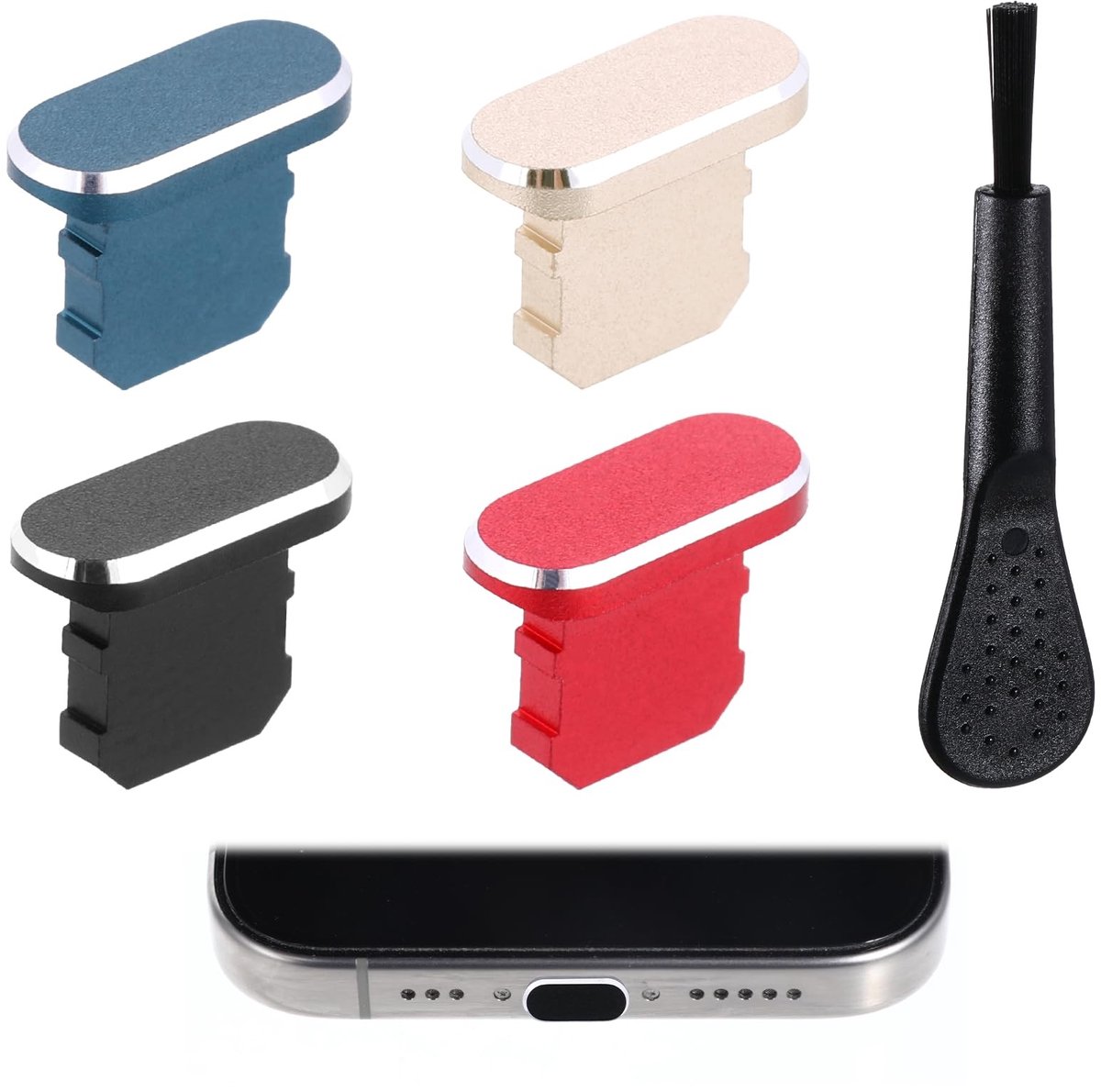 Dailygoods - Set van 4 Stofstekkers met Reinigingsborstel voor Mobiele Telefoons