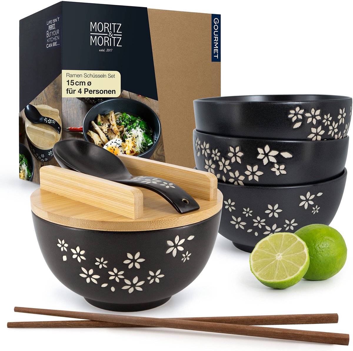 Dailygoods - Set van 4 Keramische Ramen Kommen met Stokjes en Deksel