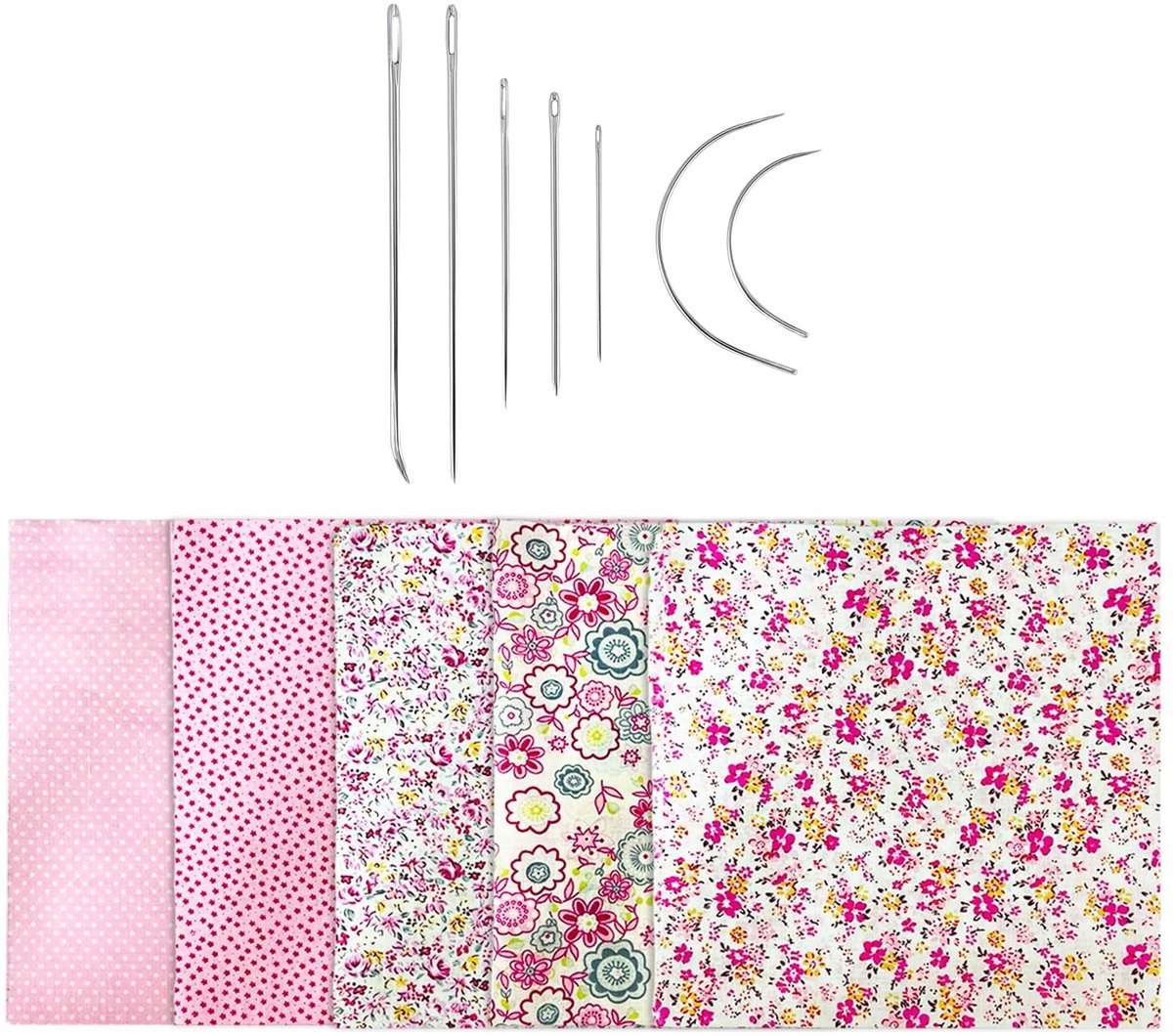 Dailygoods - Set van 5 Bedrukte Stof en 7 Naalden met Grote Ogen voor Naaiprojecten