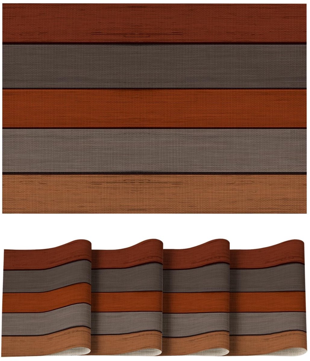 Dailygoods - Set van 4 Vuilafstotende PVC Placemats in Oranje en Houtlook