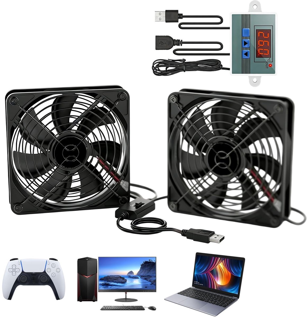 Dailygoods - USB Ventilator 120 mm met Digitale Temperatuurregelaar