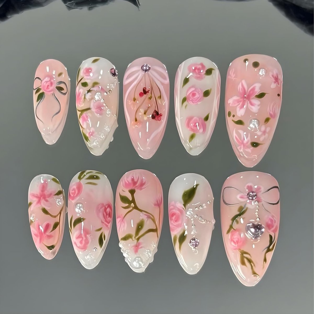 Dailygoods - 24 Stuks Roze Acrylnagels met Bloesem Design