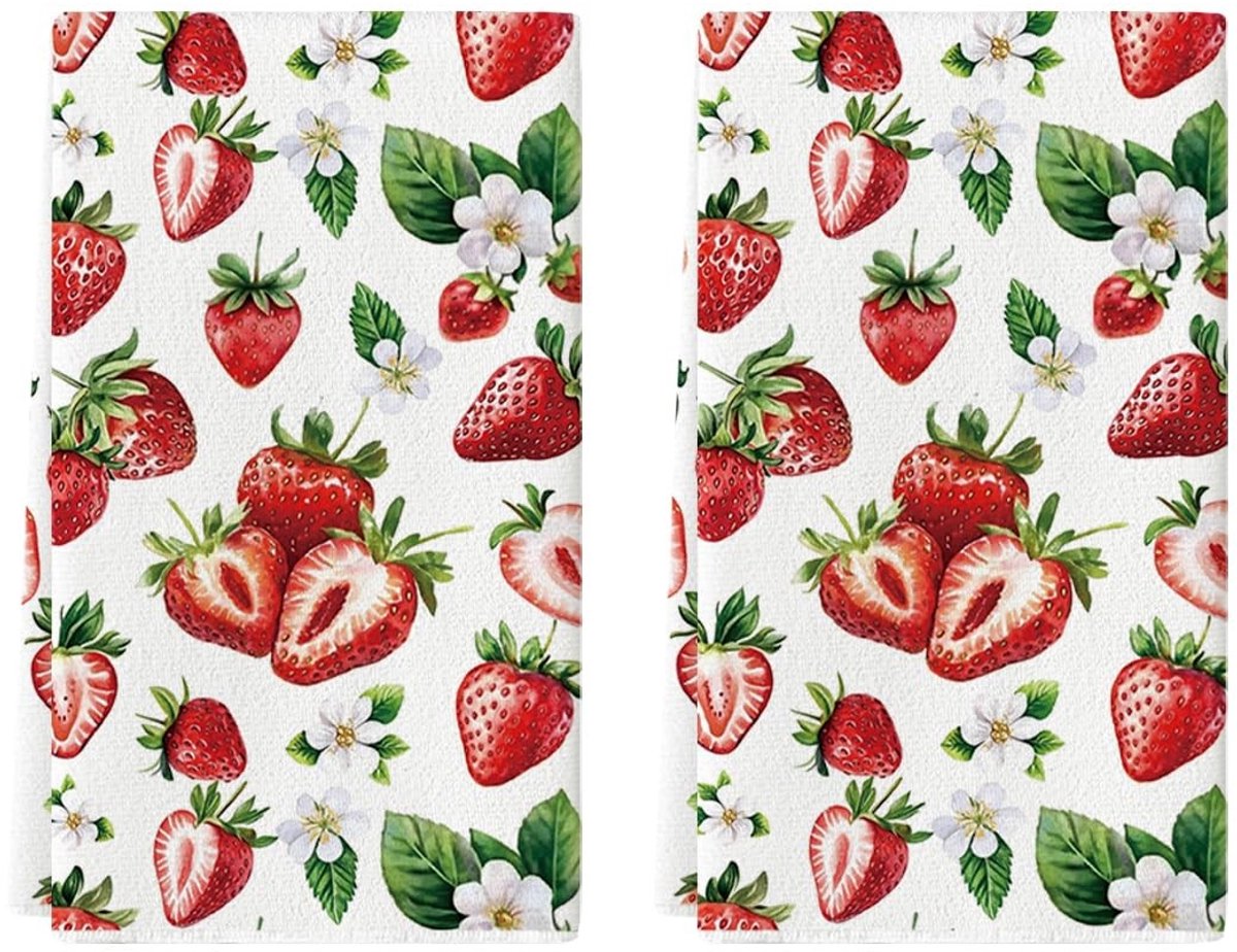 Dailygoods - Set van 2 Keukendoeken met Aardbeienmotief, 42 x 65 cm
