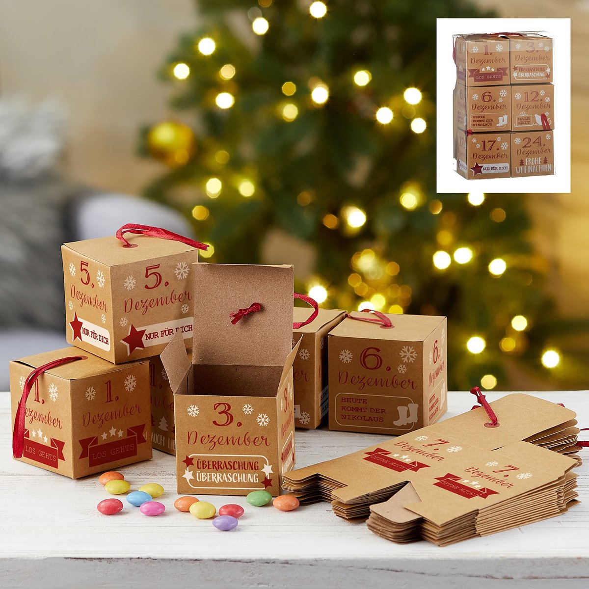 Dailygoods - QCTrial - Innovra - Dailygoods - Dailygoody - DIY Adventskalender Set - Creatieve geschenken voor de feestdagen - Inclusief 24 dozen en linten - Persoonlijk en uniek - Ideaal voor het