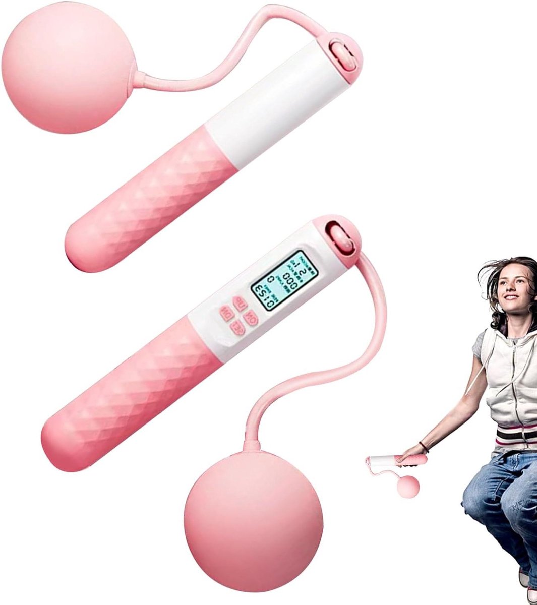 Springtouw - Draadloos springtouw - Fitness training - Met digitale teller - Verstelbare lengte - Roze en wit