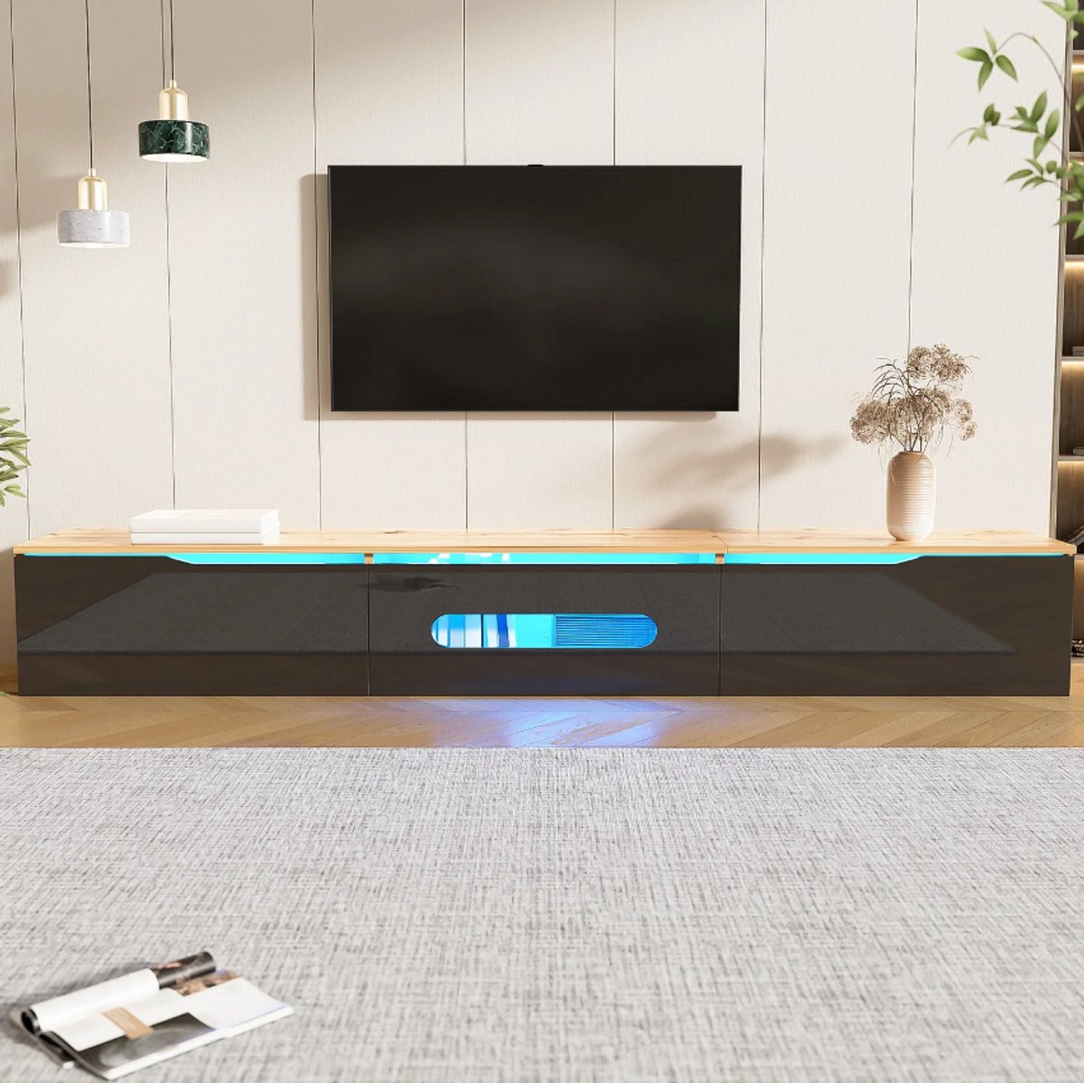 TV-meubel 180 cm Zwart & Hout met LED-verlichting – Hoogglans Wand TV Kast met 3 Deuren en Softclose – Modern Design Lowboard – Furnitureland
