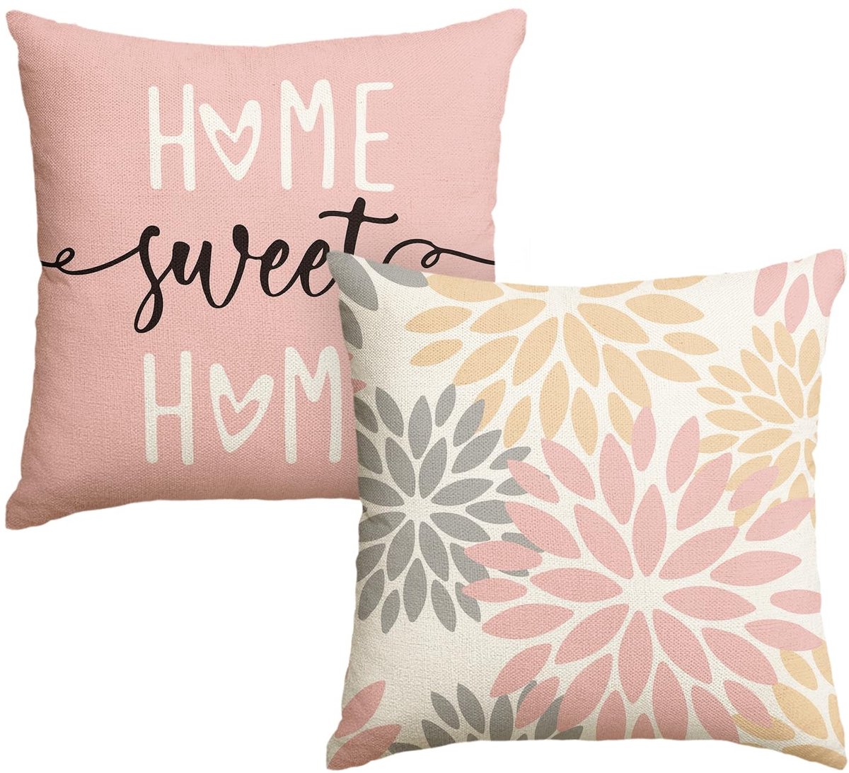 Dailygoods - Set van 2 Roze Kussenhoezen met Dahlia's