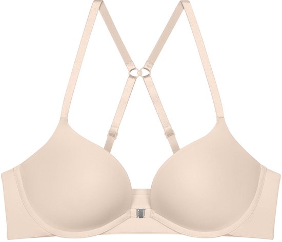Beige push-up BH met voorsluiting en gekruiste bandjes op de rug.
