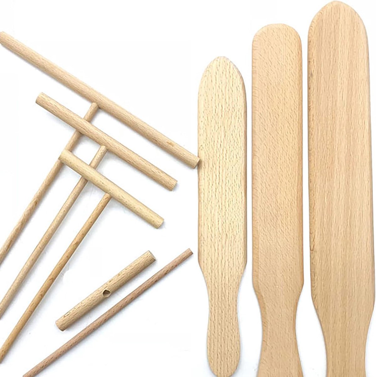 CHAMEEN Durable 4 pieces pancakes cookware wood crepe spreader and spatula tortilla rake dough spread of T-shaped wood crepe spreader