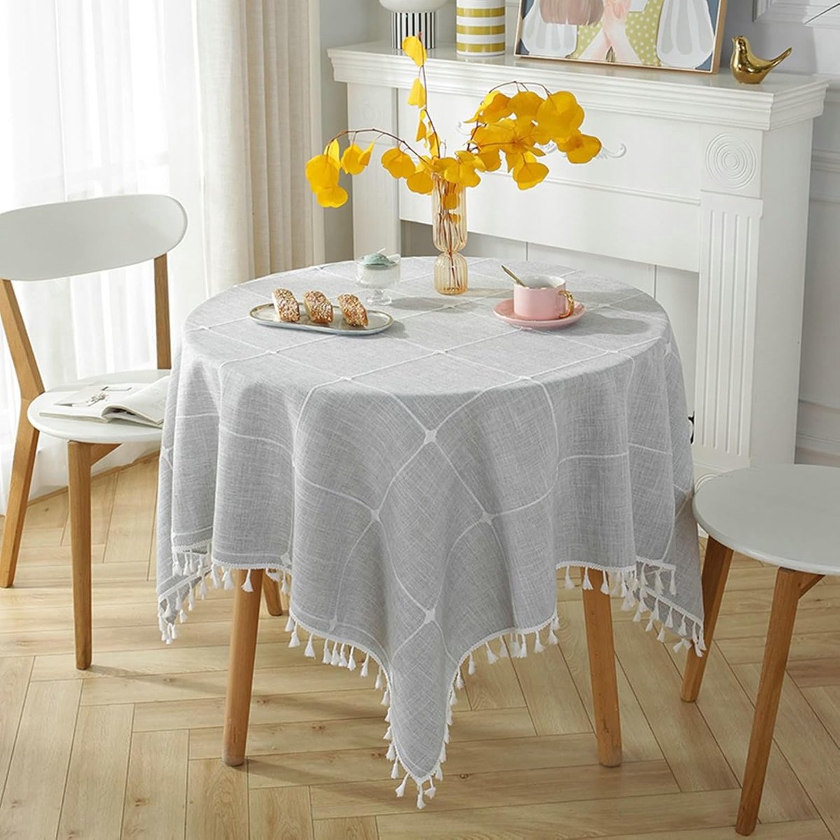 Tablewear Dining Room, Round Tablecloth Round 90CM Polyester Waterproof Plaid Pattern With Tassels Tablecloth For Kitchen Dining Room Tabletop Decoration, Gray White