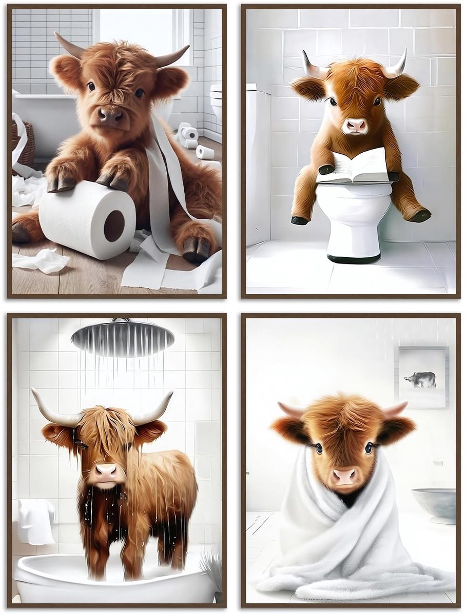 Dailygoods - Set van 4 Grappige Highland Koe Posters 20x25 cm