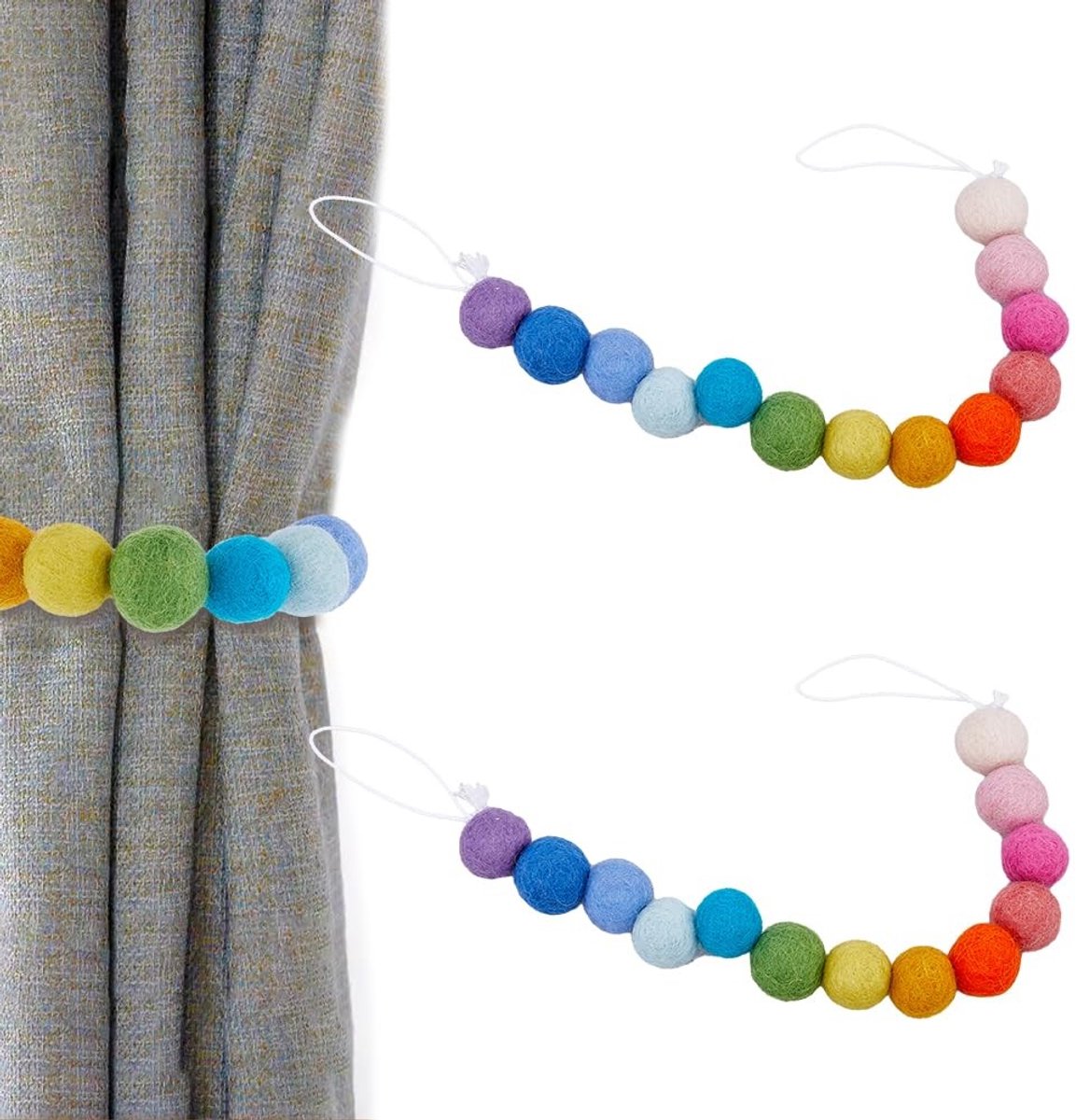 Dailygoods - Dailygoody - Gordijn Stropdas - Kleurrijke Vilten Ballen - Decoratieve Holdbacks - 41 cm - Geschikt voor Thuis en Kantoor - Regenboog Kleur