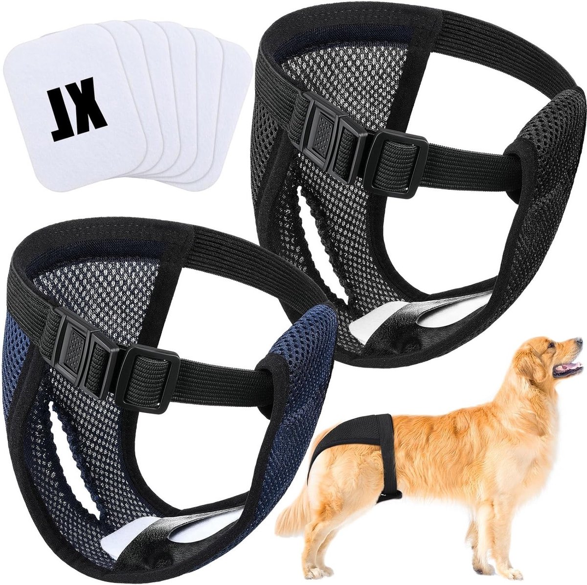 Herbruikbare Hondenluier Set van 2 met 6 Hygiëne Pads, Wasbaar en Eco-vriendelijk, Perfect voor Maandelijkse Bloedingen, Beschermende Broekjes voor Honden (XL)