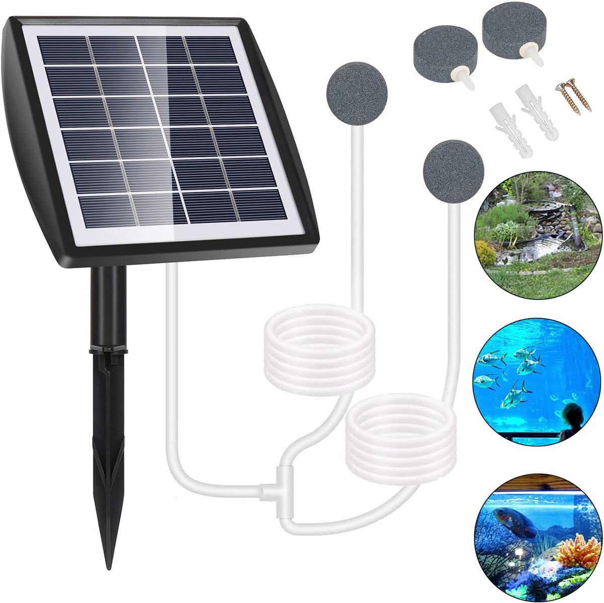 Zonne-Energie Vijverbeluchter - 2w & 2200mah Solar Aquarium Luchtpomp Met 2 Luchtstenen - Zwembadbeluchter Met 2 Standen Voor Kleine Vijvers