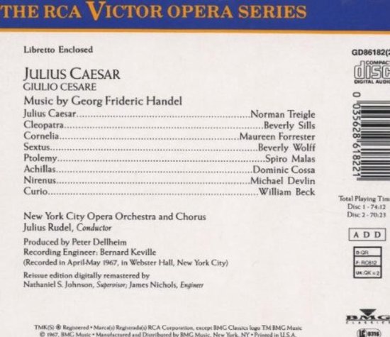 Achterkant van de "Julius Caesar" opera CD. Toont tracklist, uitvoerders, en informatie over de opname. Gemaakt door RCA Victor Opera Series.