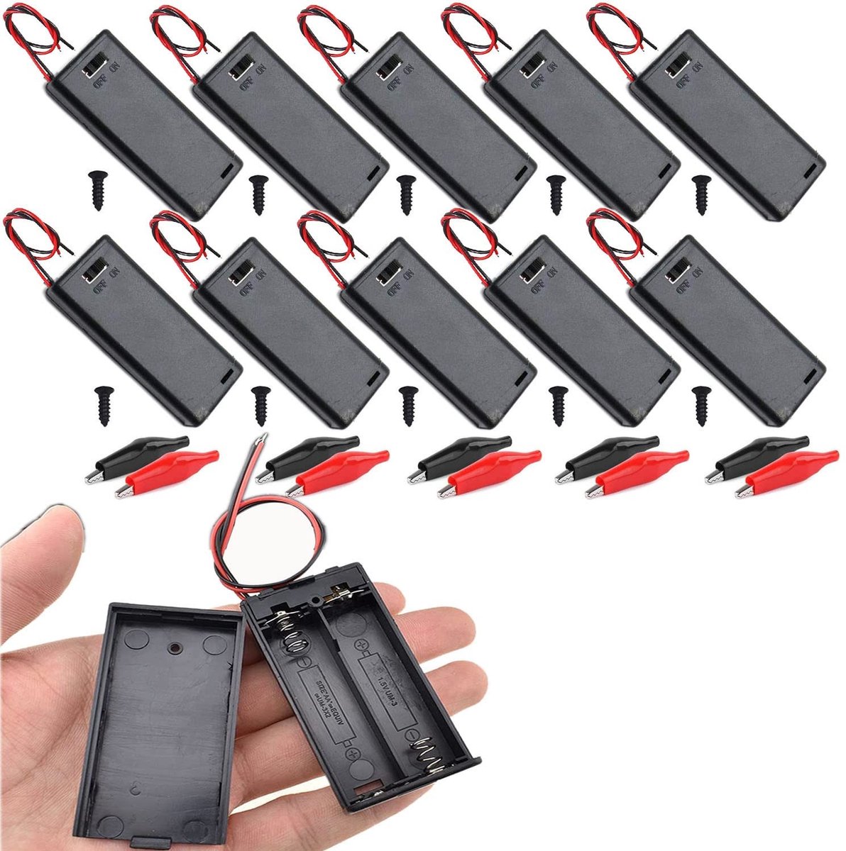Cosensi - Dailygoods - 10 Stuks AA Batterijhouder met Aan/Uit Schakelaar en Krokodillenklemmen