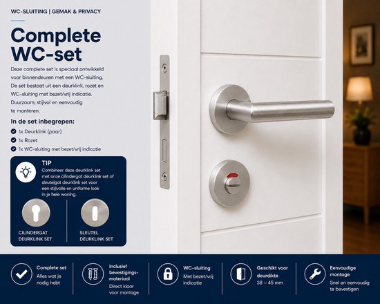Slotman Solutions Deurklink Set RVS Geborsteld Rond Rozet WC63/8 | Toiletgarnituur met WC-/Badkamersluiting | RVS Deurbeslag voor Toilet en Badkamer | Inclusief Bevestigingsmateriaal