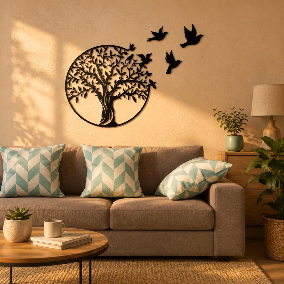 Levensboom Wanddecoratie 50x50 cm – Houten Muurdecoratie Boom met Vogels – Goud of Zwart – Moderne Wanddecoratie Woonkamer