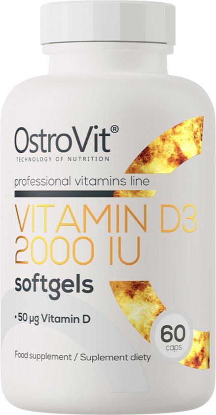 OstroVit vitamine D3 2000 IU softgels, pot met 60 capsules, 50 µg vitamine D, met oranje-gele vlekken en '60 caps'.