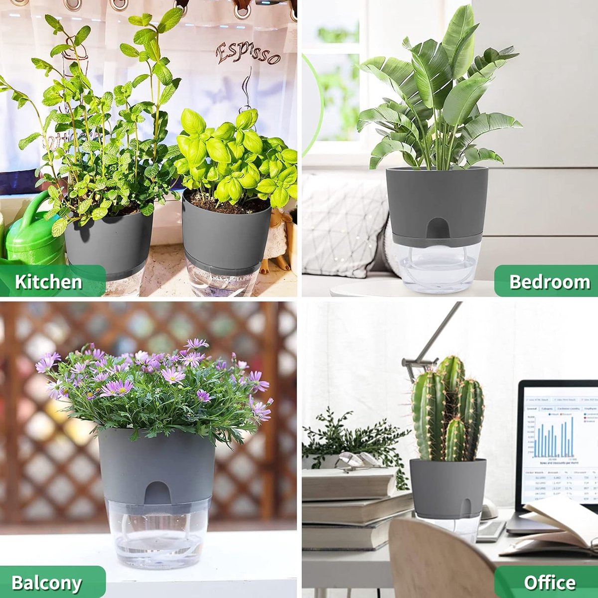 Zelfwaterende Kruidenpotjes Set van 3 – Kruidenpot met Waterreservoir – Bloempot voor Keuken, Vensterbank en Balkon – Moderne Zelfbewaterende Plantenpot voor Binnen — cadeau in Kookcadeaus - foto 3