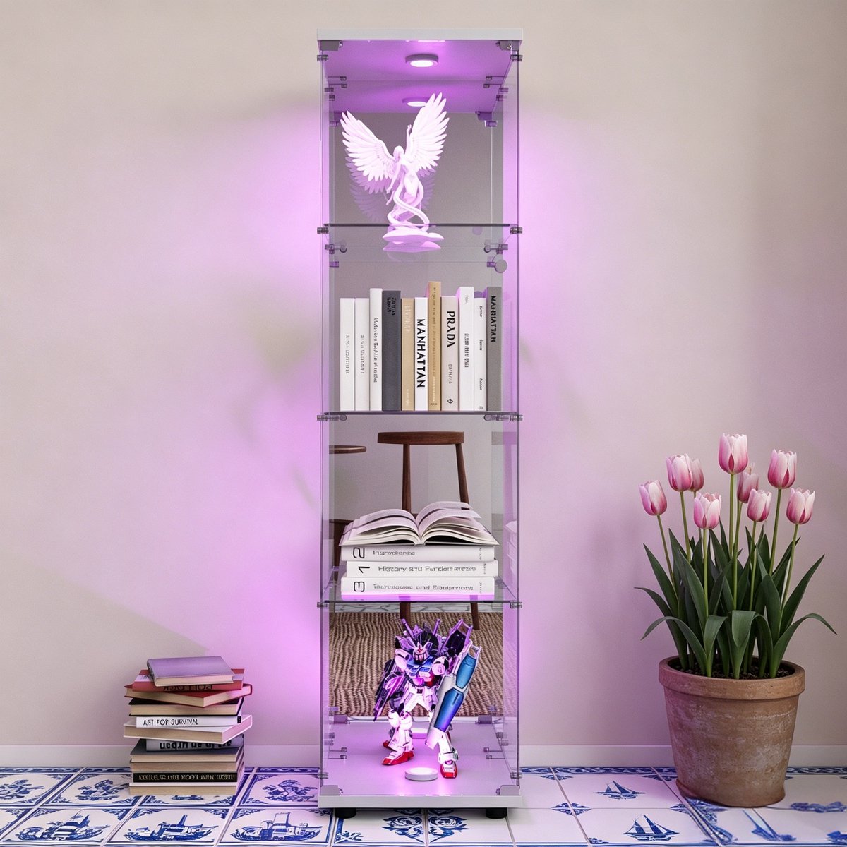 Glazen vitrinekast met LED, Moderne vitrinekast met 4 planken van ESG-Spiegelglas, verzamelvitrine voor bar, woonkamer, 164 x 42,5 x 36,5 cm, Wit