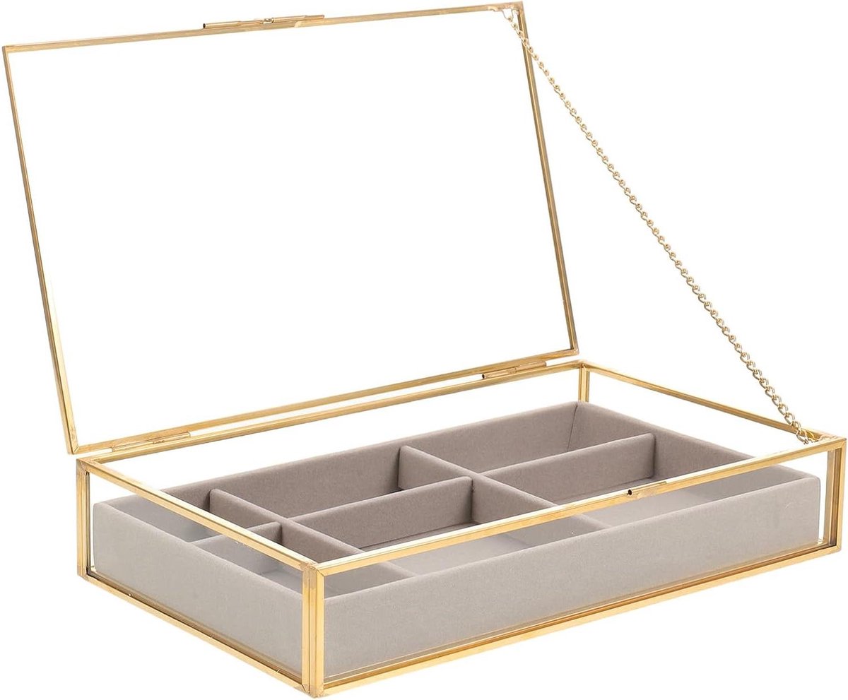 Glazen Bewaardoos - Sieraden Organizer - Sieraden Opslag - Transparant Deksel - 6 Vakken - Meerkleurig