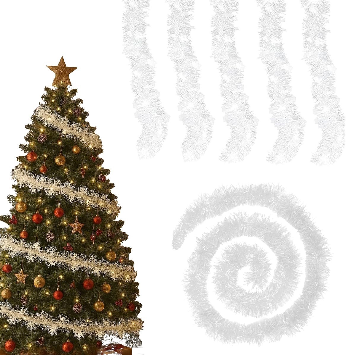 Innovra - Dailygoods - Dailygoody - Kerstslinger - Sneeuwvlokken - Pluizige lametta decoratie - Wit - Wintersfeer - Hangende versiering - Geschikt voor kerst - 5 x 2 m