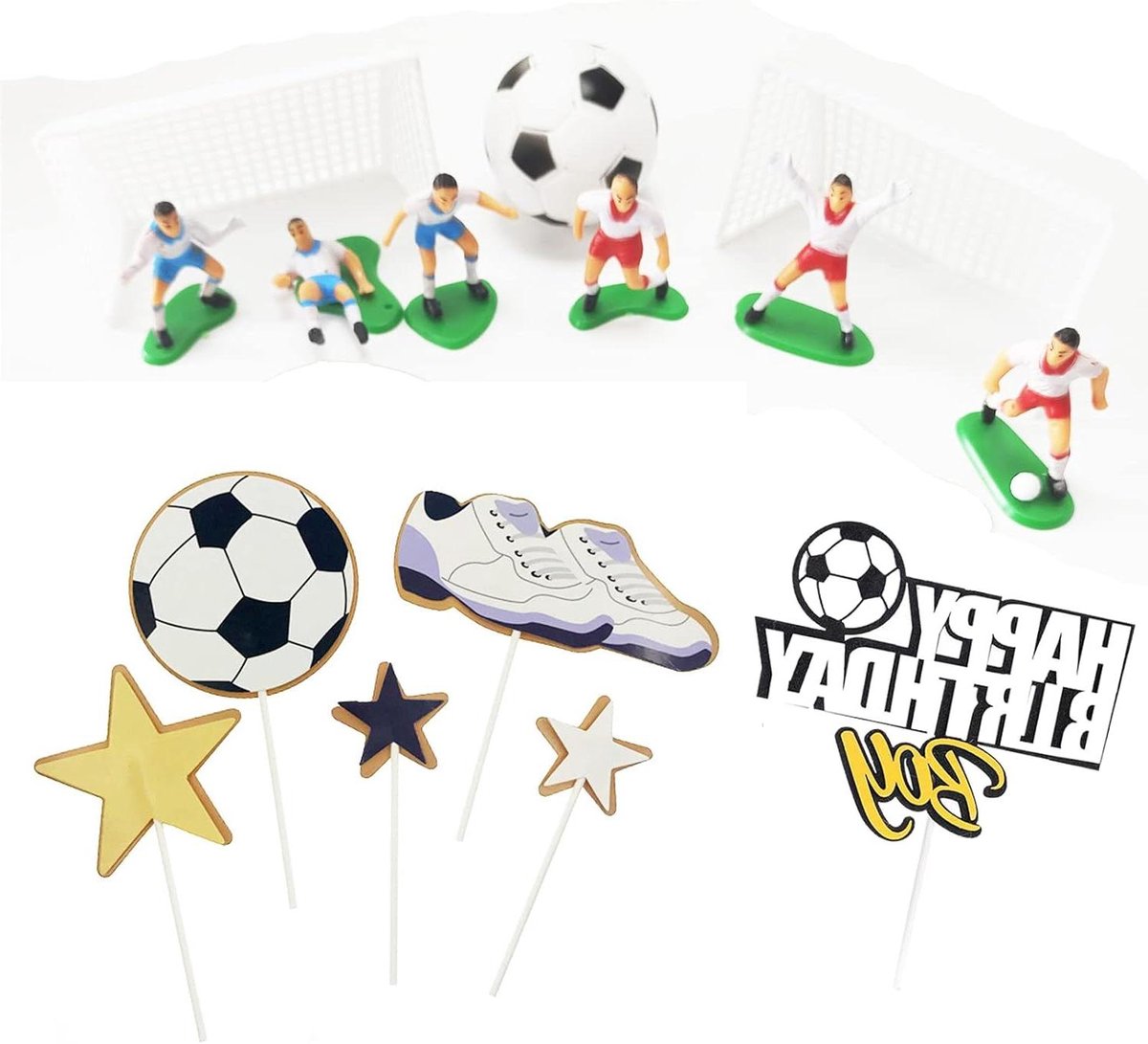 Taartdecoratie Voetbal - Cupcake Toppers - Feestversiering Taart - Milieuvriendelijk PVC - 16 Stuks - Meerdere Kleuren