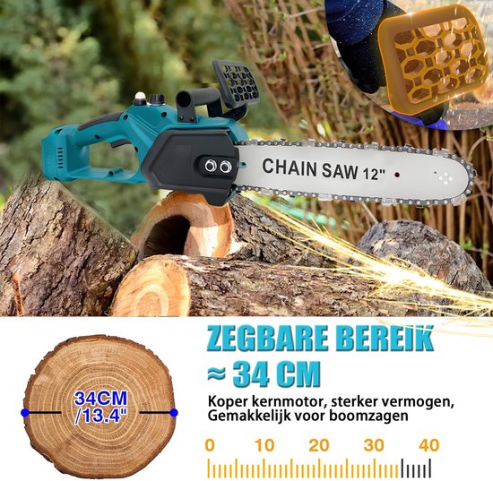 12 inch borstelloze elektrische kettingzaag, draadloos, 18V, werkt op 2 accu's van 5500mAh, 1100W, verbeterde draagbare compacte handkettingzaag voor het zagen van hout, blauw — afbeelding 3