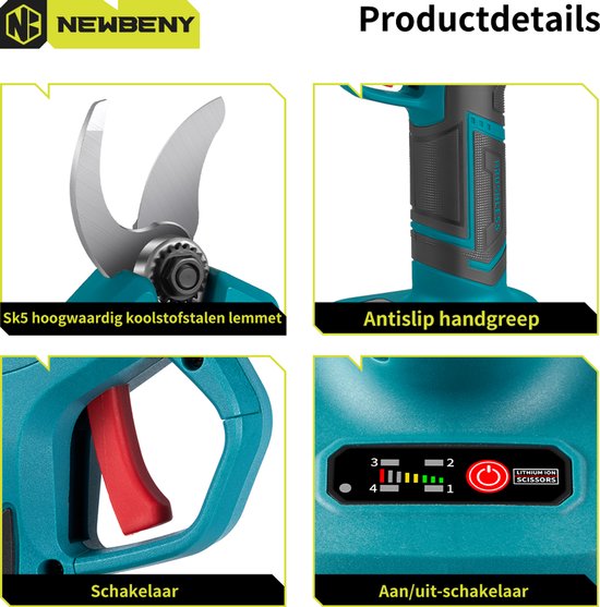 NewBeny Elektrische Snoeischaar - 35mm- Accu Snoeischaar - Takkenschaar - met 2× batterijen - Heggenschaar - Voor Snoeien van Takken & Heggen van Newbeny — afbeelding 5