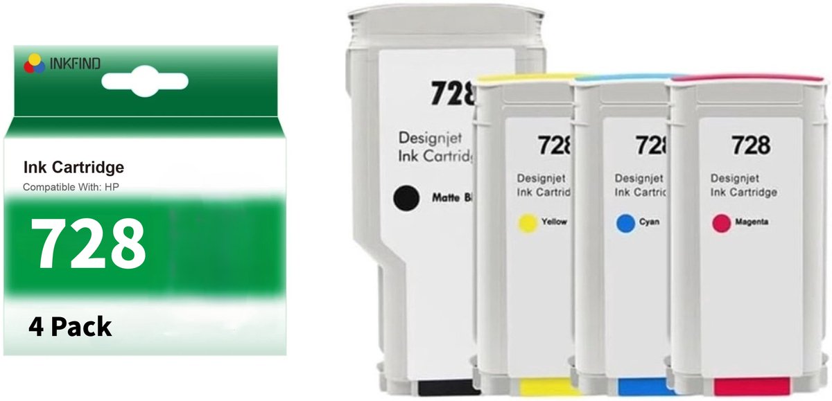 INKFIND 728 Zwart/Cyaan/Magenta/Geel vervangt HP 728 multipack zwart + 3 kleuren F9J68A/F9J67A/F9J66A/F9J65A hoge capaciteit - 4-pack MBKCMY