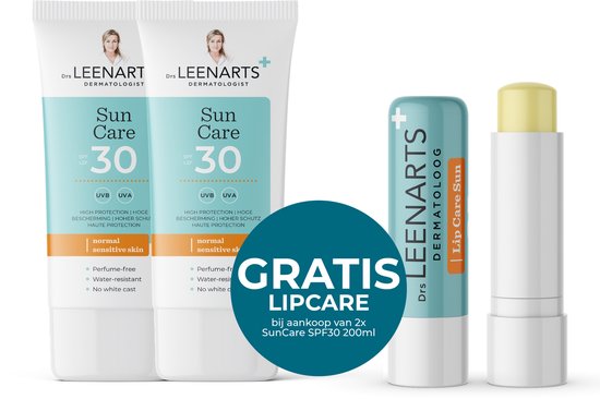 Twee tubes zonnebrandcrème Sun Care SPF 30, 200 ml, voor de normale tot gevoelige huid. Naast de tubes een gratis lipverzorgingsstick.