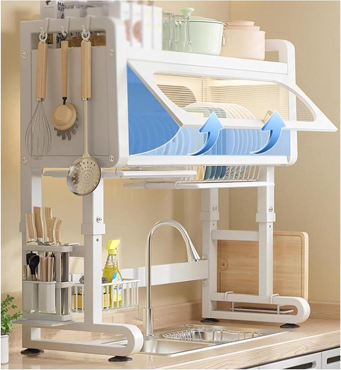 Afdruiprek boven gootsteen - Keukenrek organizer - Keuken opruimen - Verstelbare hoogte - 77 cm lengte - Wit