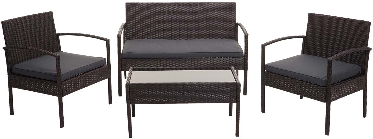 Poly-rattan set MCW-F56, balkon/tuin/lounge set ~ bruin, donkergrijze kussens