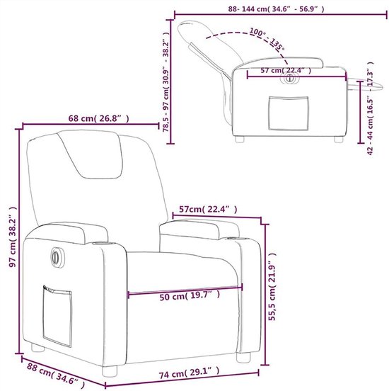 Elektrische relaxstoel met ligfunctie | stof (100% polyester), taupe, 74 x 88 x 97 cm (zitting) / 74 x 144 x 78,5 cm (liggen) | tot 110 kg, voor volwassenen — afbeelding 3