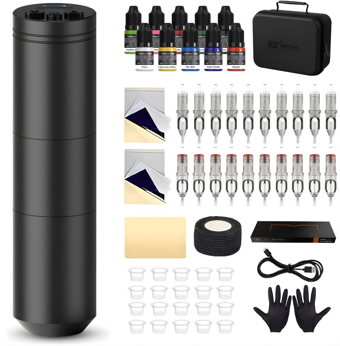 KAD® Tattoo Machines - Tattoo Set voor Beginners & Professionals - Professionele Tattoo Machine Pen Kit - Zwart - 24cm x 18cm x 11cm