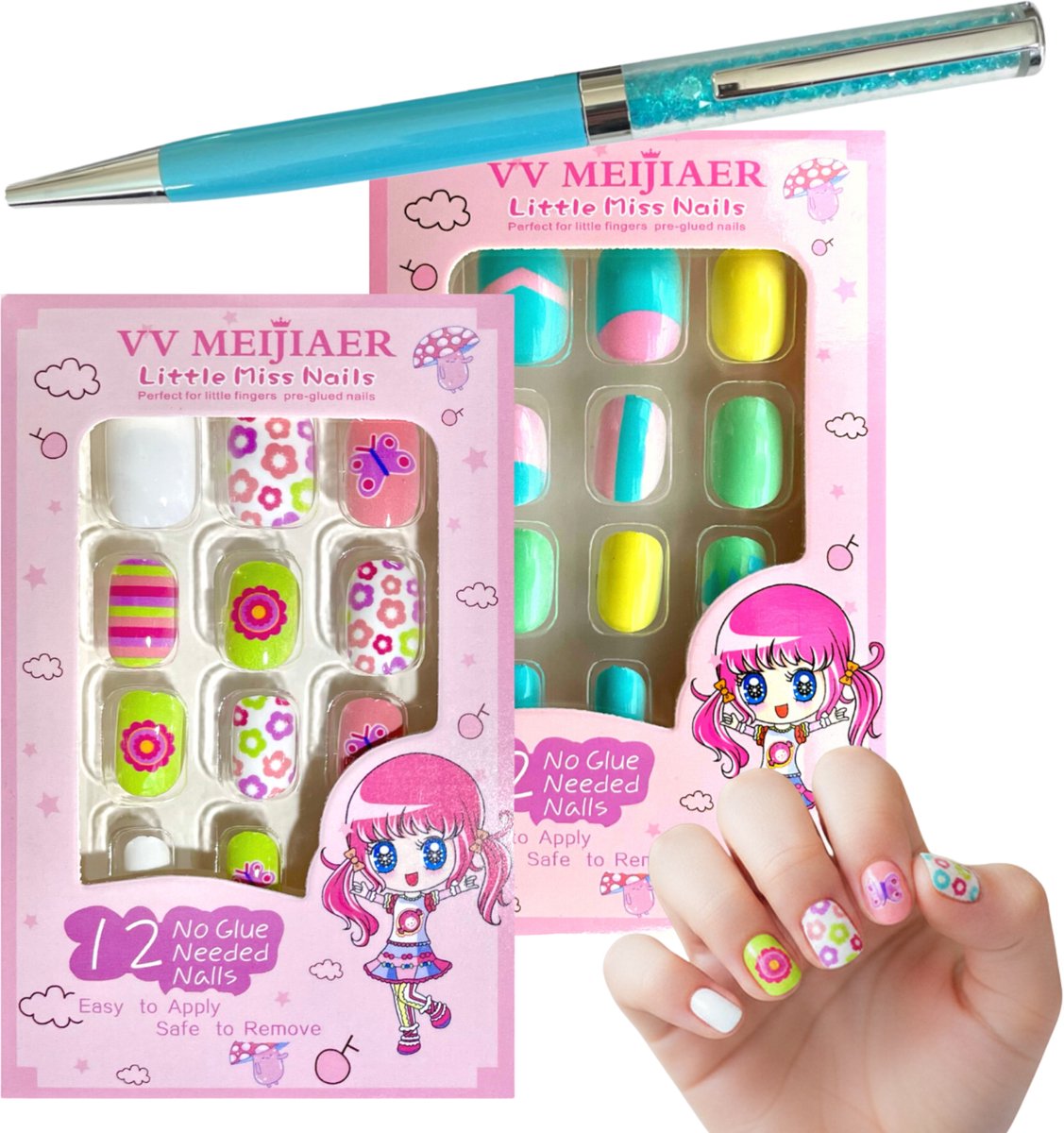 Plaknagels voor Kinderen - 2 x 12 Nepnagels - Geen Lijm Nodig - British