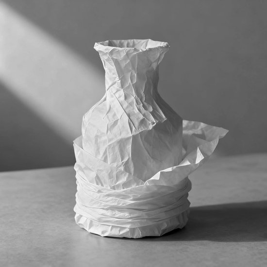 Een vaas, verpakt in wit kreukpapier, met dramatische schaduwen.